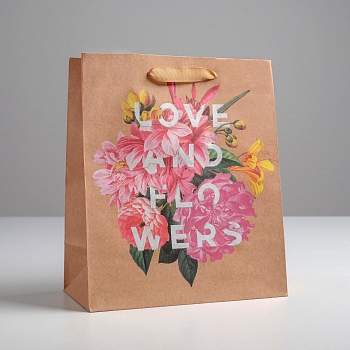 Пакет подарочный (23*27*11,5см), Love and flowers, крафт, 1 шт.