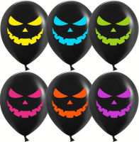 Шар (12''/30см) Яркие тыквы на Хэллоуин, Черный, флуор, 2 ст, 25 шт.