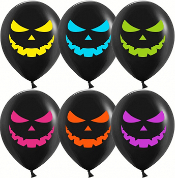 Шар (12''/30см) Яркие тыквы на Хэллоуин, Черный, флуор, 2 ст, 25 шт.