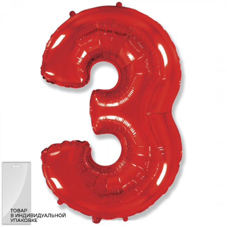 Шар (40"/102см) Цифра, "3", Красный, в упаковке, 1 шт.