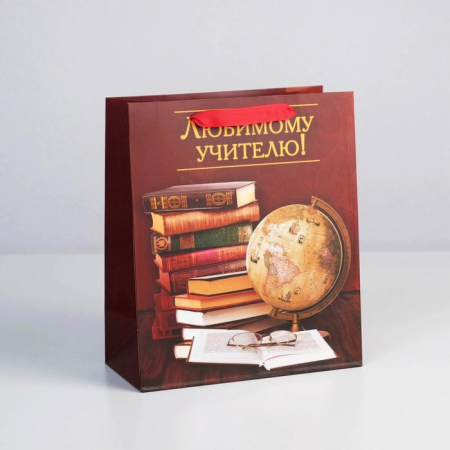 Пакет подарочный (27*23*11,5 см) Любимому Учителю, Книги и глобус, 1 шт.