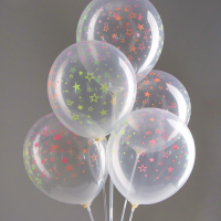Шар (12"/30см) Разноцветные звезды, Прозрачный, неон, 5 шт.