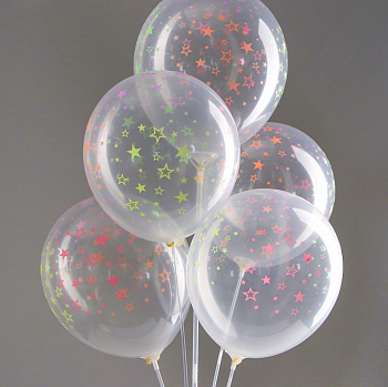 Шар (12"/30см) Разноцветные звезды, Прозрачный, неон, 5 шт.