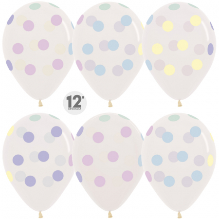 Шар (12''/30см) Макарунс, Цветные точки, Прозрачный (390), кристалл, 5 ст, 50 шт.