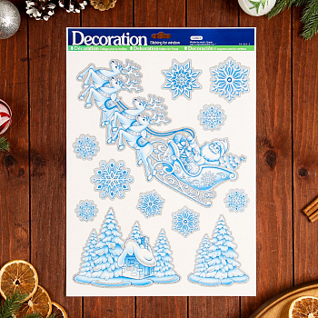 Наклейки на окна (41*29см), Новогодние, снежинки, олени, дед мороз, 1 шт.