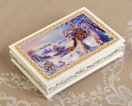 Шкатулка «Зимняя деревня», белая, 11×16 см, лаковая миниатюра, 1 шт.