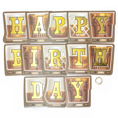 Гирлянда (190 см), Happy Birthday (пиво в кружке), Золото, Металлик, 1 шт.