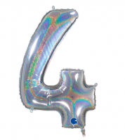 Шар (26"/65см) Цифра, "4", Серебро голография, в упаковке, 1 шт.