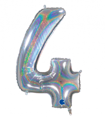 Шар (26"/65см) Цифра, "4", Серебро голография, в упаковке, 1 шт.