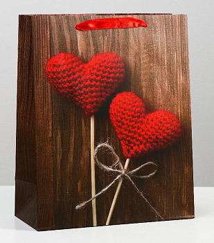 Пакет подарочный (26*32*12см), Вязаные сердца на палочке, 1 шт.