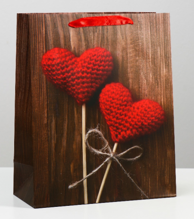Пакет подарочный (26*32*12см), Вязаные сердца на палочке, 1 шт.