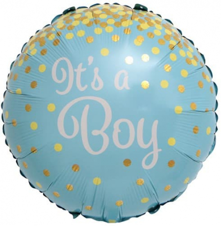 Шар (18''/46 см) Круг, С рождением мальчика (золотое конфетти), Голубой, 1 шт.