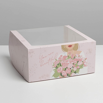 Коробка для торта с окном (20-30см) Девушка с цветами, 1 шт.