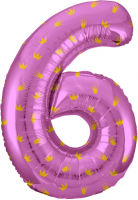 Шар (34''/86см) Цифра, 6 Золотые короны, Розовый, 1 шт. в упак.