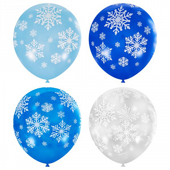 Шар (12"/30см) Снежинки, ассорти, 5 ст. рис, П+Д (шелк), 12 шт.