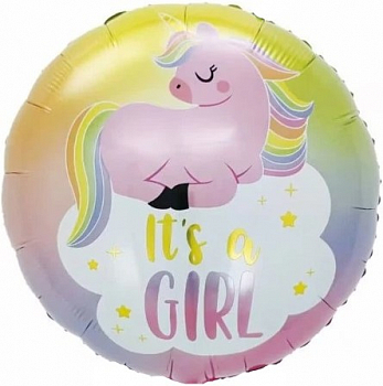 Шар (18''/46см) Круг, Рождение Девочки (единорог на облаке), 1 шт.