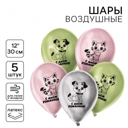 Шар (12"/30см) С днём рождения, котик и собачка, Ассорти, хром, 5 шт. 