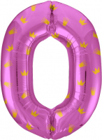 Шар (34''/86см) Цифра, 0 Золотые короны, Розовый, 1 шт. в упак.