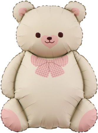 Шар (35''/89см) Фигура, Мишка с бантом, Бежевый/Розовый, Сатин, 1 шт. в уп.