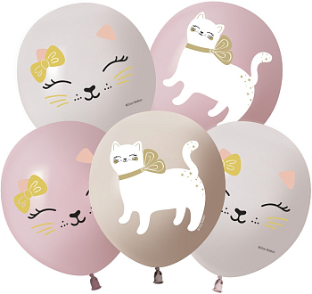 Шар (12''/30см) Кошечка с бантом, Ассорти, пастель, 1 ст, 25 шт.
