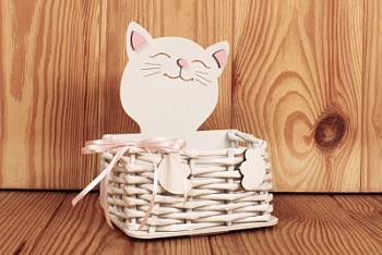 Корзинка плетёная (12,5*9*16,5см), из лозы, МДФ, лоза бумажная, окрашен., Котик, Белая, 1 шт. 