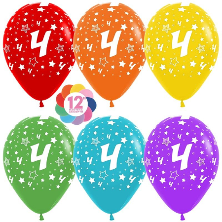 Шар (12''/30см) Цифра 4 (звезды), ассорти, пастель, 5 ст, 12 шт.