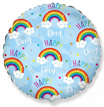Шар (18''/46см) Круг, Happy Day (радуга в облаках), Голубой, 1 шт.