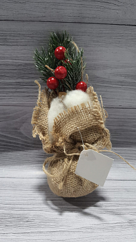 Веточка (17см), Ель с ягодками и хлопком в мешочке, 1 шт.