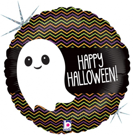 Шар (18''/46 см) Круг, Маленькое привидение, Веселый Хэллоуин, Черный, Голография, 1 шт.