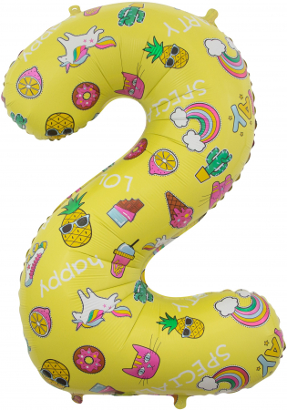 Шар (34''/86 см) Цифра, 2, Веселые картинки, Желтый, в упаковке 1 шт.