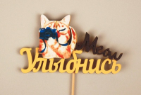 Топпер "Улыбнись" с киской (11,5*28) МДФ 3мм, УФ печать, окраш., оформл., Желтый-черный, 1 шт.