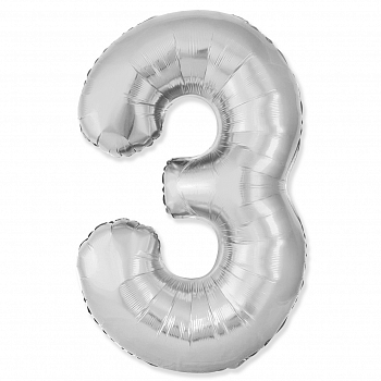 Шар (40"/102см) Цифра "3" Серебро Slim в упаковке, 1 шт.
