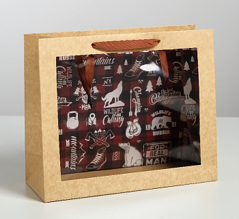 Пакет подарочный (31*26*11см), Крафт, с пвс окном Man, 1 шт.