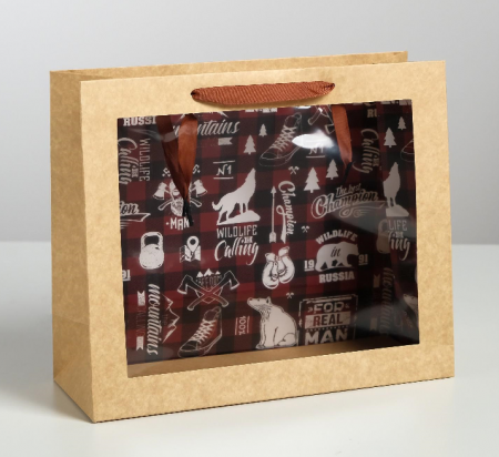Пакет подарочный (31*26*11см), Крафт, с пвс окном Man, 1 шт.