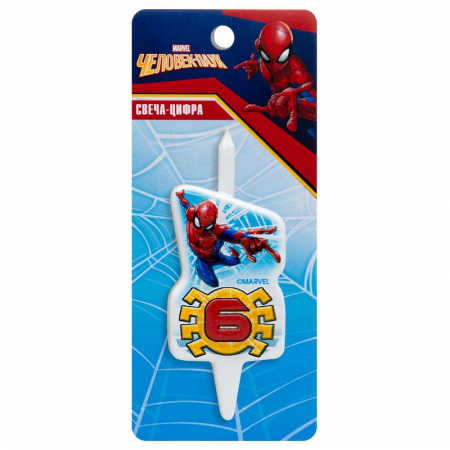 Свеча Цифра, 6, Человек-Паук, 7 см, 1 шт.