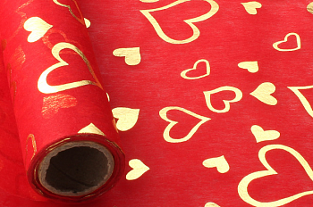 Упаковочная бумага (50см*4,5м) Флизелин с золотыми сердцами, Красный, 1 шт.