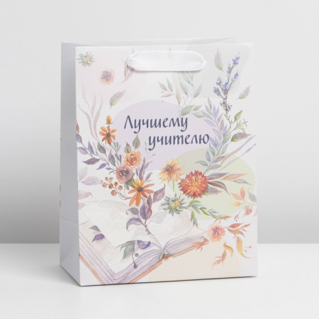 Пакет подарочный (18*23*10 см) Лучшему учителю, Цветы и книга, 1 шт.