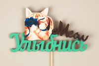 Топпер "Улыбнись" с киской (11,5*28) МДФ 3мм, УФ печать, окраш., оформл., Тиффани-черный, 1 шт.