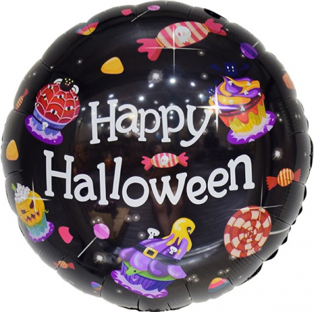 Шар (18''/46см) Круг, Сладости на Хэллоуин, Черный, 1 шт.