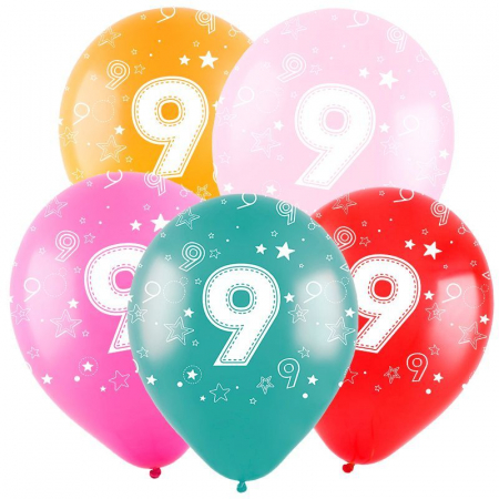 Шар (12"/30см) Цифра "9", ассорти, пастель 5 ст., 50 шт.