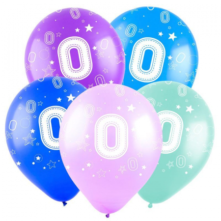 Шар (12"/30см) Цифра "0", ассорти, пастель 5 ст., 50 шт. 
