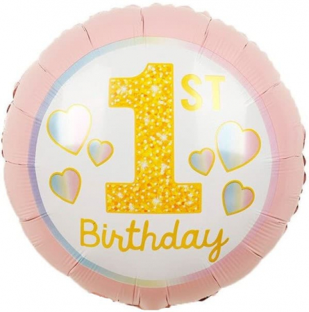 Шар (18''/46 см) Круг, 1-ый День рождения девочки (радужные сердечки), Розовый, 1 шт.