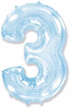 Шар (40''/102см) Цифра, "3", Голубой, в упаковке, 1 шт.