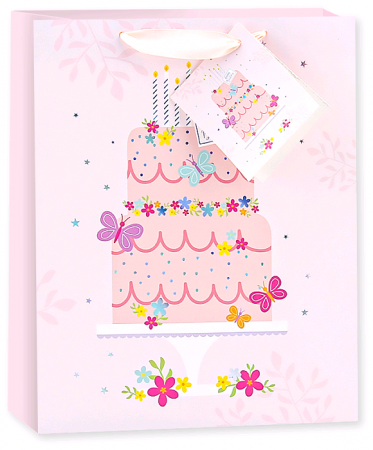 Пакет подарочный (23*18*10 см), Торт на День Рождения, Розовый, Голография, 1 шт.