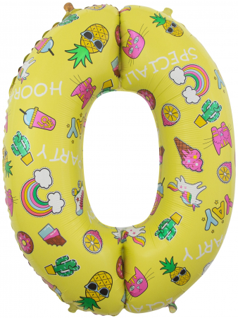 Шар (34''/86 см) Цифра, 0, Веселые картинки, Желтый, в упаковке 1 шт.