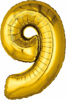 Шар (32''/81см) Цифра, 9, Золото, 1 шт. в упак.