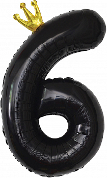Шар (40''/102 см) Цифра, 6 Золотая корона, Черный, 1 шт. в упак.
