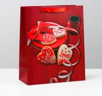 Пакет ламинированный (26*32*12 см) Сердца, печенье, красный, 1 шт.