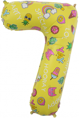 Шар (34''/86 см) Цифра, 7, Веселые картинки, Желтый, в упаковке 1 шт.