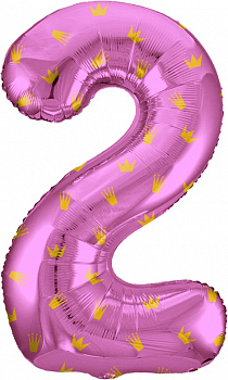 Шар (34''/86см) Цифра, 2 Золотые короны, Розовый, 1 шт. в упак.